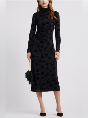 Open edit black floral flocked long sleeve dress